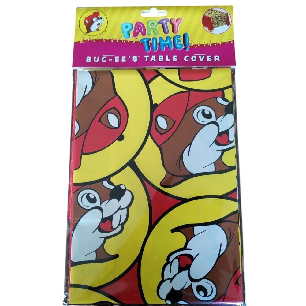 Buc-ee's Party Table Cover 104 In x 54 In Bucees Beaver Red Yellow Festive